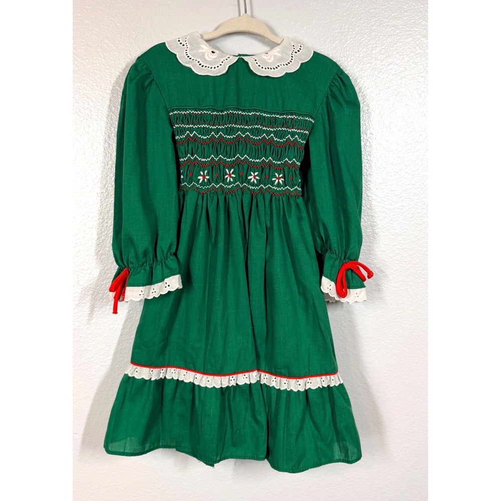 Polly Flinders Dress Girls Size 5 Green Hand Smocked Christmas Holiday Vintage